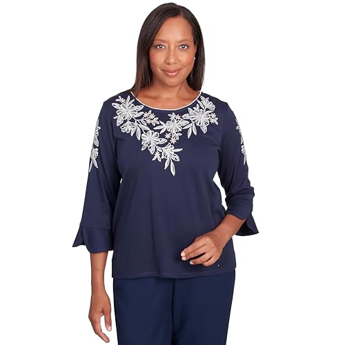 Alfred Dunner Women's Knit Top (US, Alpha, Small, Regular, Petite, Navy)