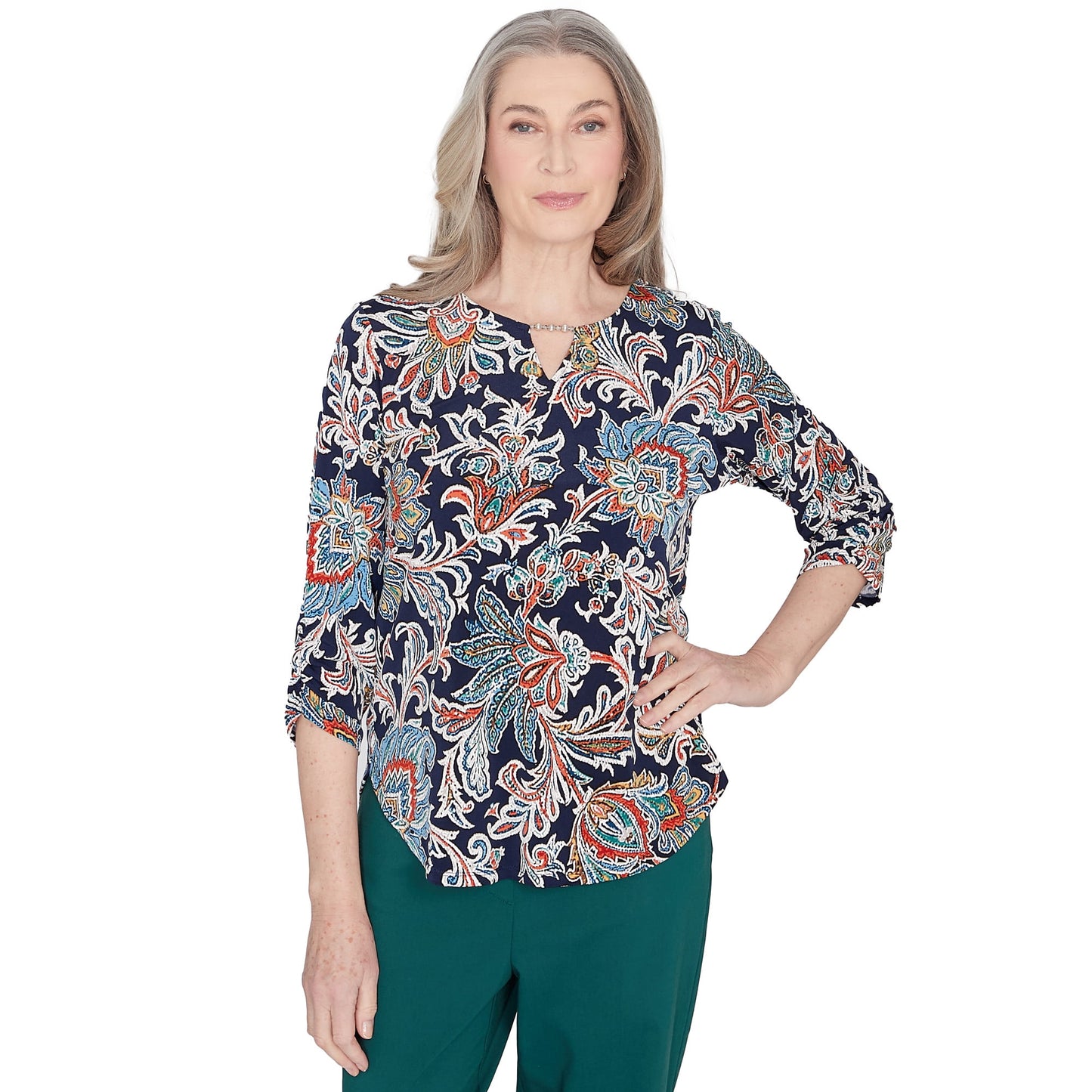 Alfred Dunner Womens Petite Scroll Three Quarter Ruched Sleeve Top