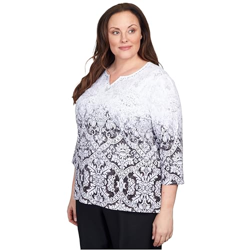 Alfred Dunner Classics Cotton Top Black/White/Grey with Slit Neck Embellished Size 2X