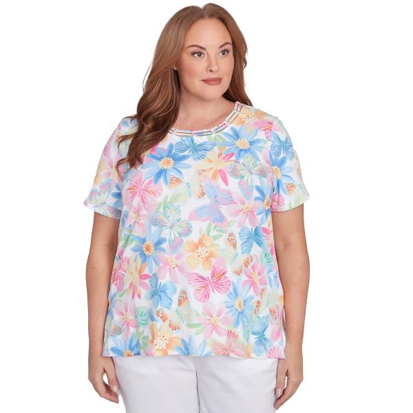 Alfred Dunner Key Item Butterfly Floral Cotton Top Short Sleeve