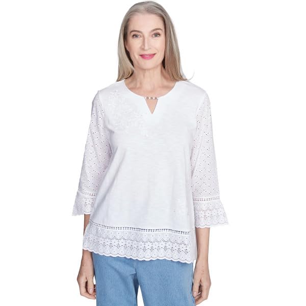Alfred Dunner Flower Power Embroidered/Eyelet Trim Cotton/Polyester Top