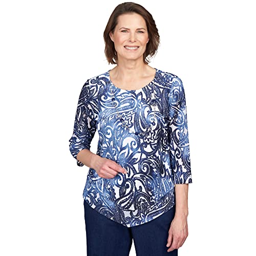 Alfred Dunner Women's Petite Tie Die Paisley Jacquard Pointed Hem Top Size PS Navy