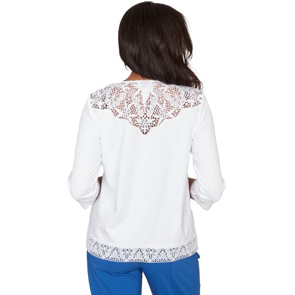 Alfred Dunner Women's Petite Embellished Lace Trim Top with Necklace, Size PS, White