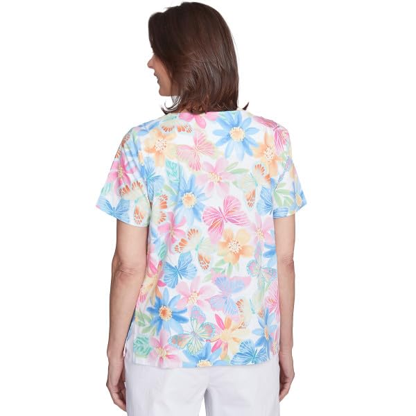 Alfred Dunner Key Item Butterfly Floral Cotton Top Short Sleeve (US, Alpha, 4X-Small, Small, Regular, Petite, Petite, Multi)