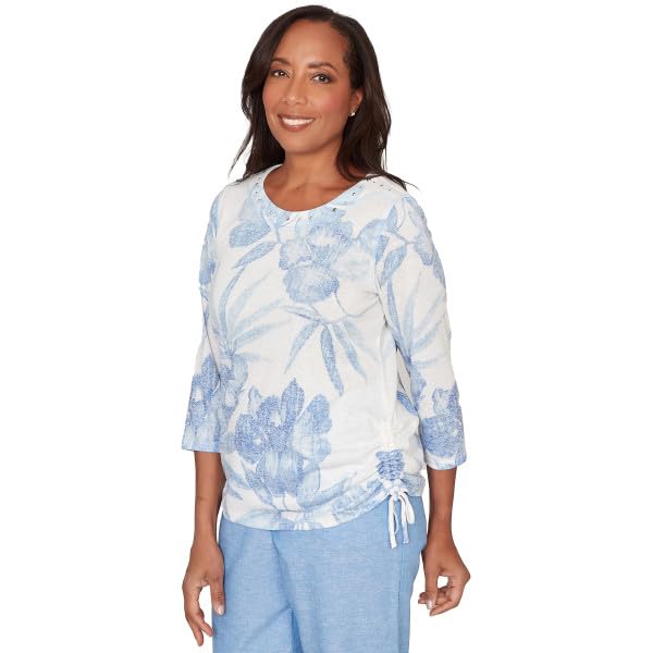 Alfred Dunner Women's Petite Monotone Dramatic Floral Tropical Top, Size PL, Ocean Blue