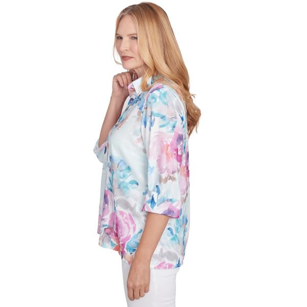 Alfred Dunner Classic Watercolor Polyester Floral Button Down Shirt (US, Alpha, Large, Regular, Regular, Standard, Multi)