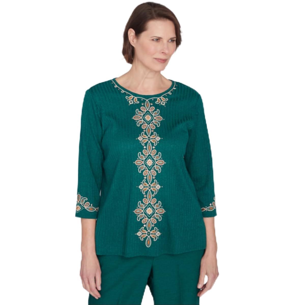Alfred Dunner Emrald Isle Center Medallion Embroidery Polyester (US, Alpha, Small, Regular, Petite, Petite, Emrald)