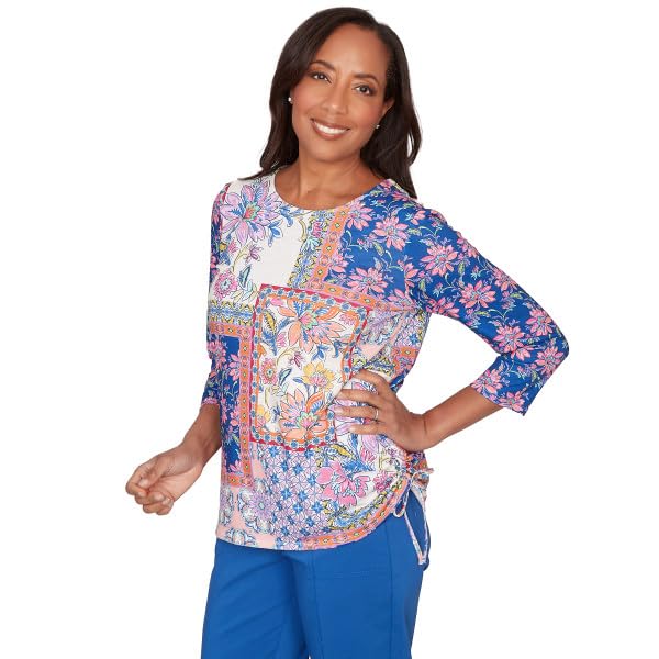 Alfred Dunner Women's Petite Geometric Floral Tie Ruched Top, Size PM, Blue Multi