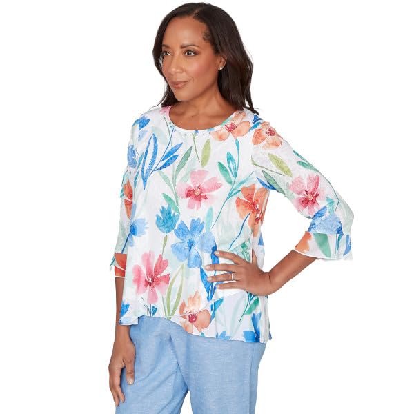 Alfred Dunner Women's Whimsical Flower Bell Sleeve Top, Size S, Blue Multi
