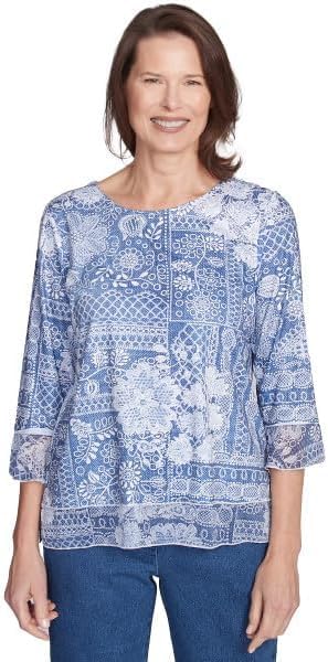 Alfred Dunner Women's Flower Power Lacey Floral Patchwork Crew Neck Top, X-Large Petite Blue