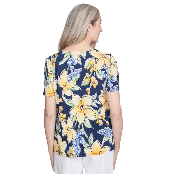 Alfred Dunner Key Item Navy Floral Cotton Top Short Sleeve (US, Alpha, Small, Regular, Regular, Standard, Multi)