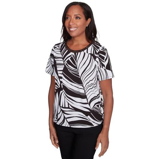 Alfreddunner Leave Print Short Sleeve Cotton Shirt (US, Alpha, X-Large, Regular, Petite, Petite, Black/White)