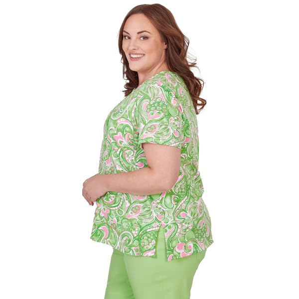 Alfred Dunner Key Item Paisley Cotton Short Sleeve Top (US, Alpha, 2X, Plus, Regular, Plus Size, Green/Multi)
