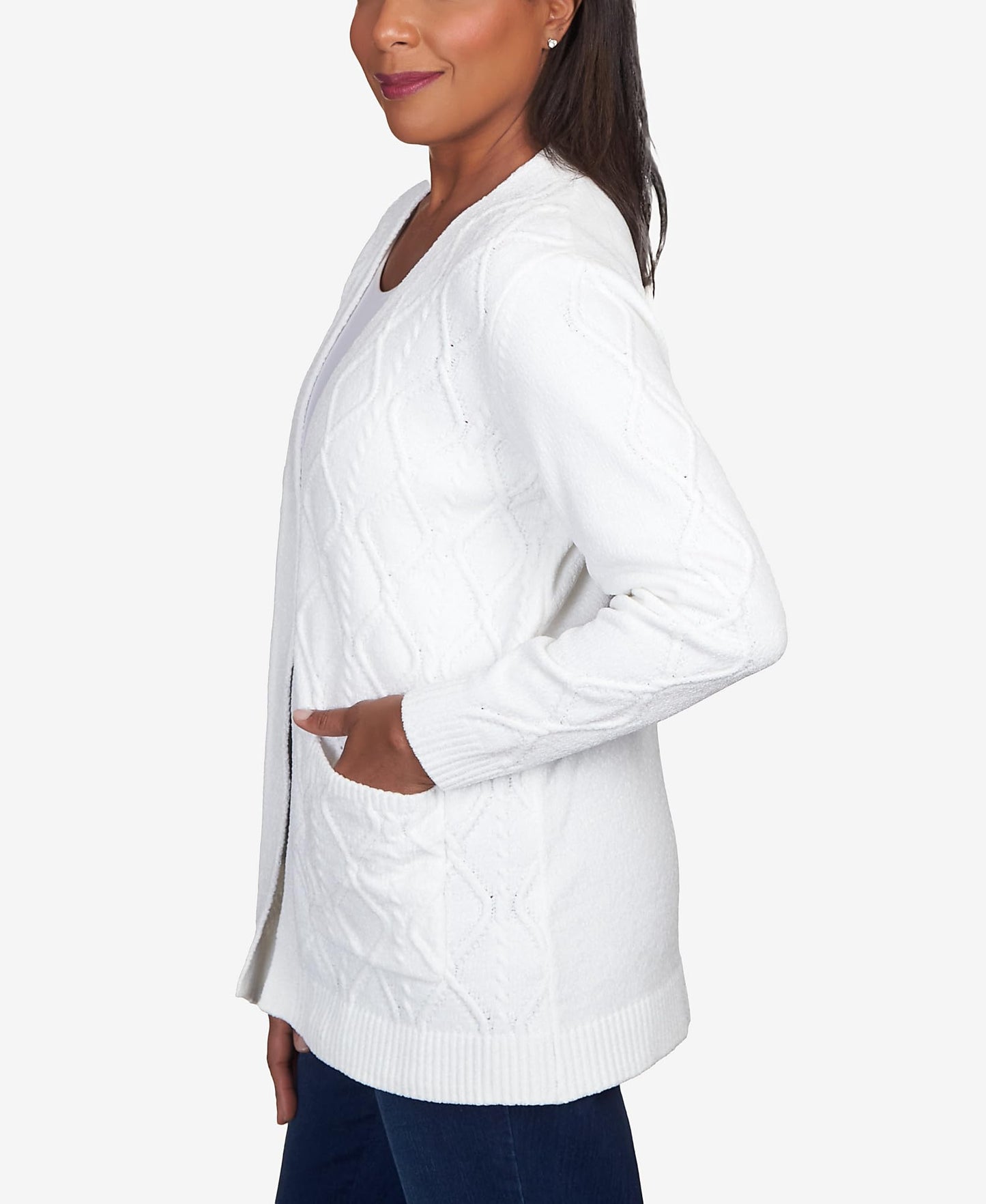 Alfred Dunner Women's Petite Chenille Long Open Cardigan Size PS Ivory