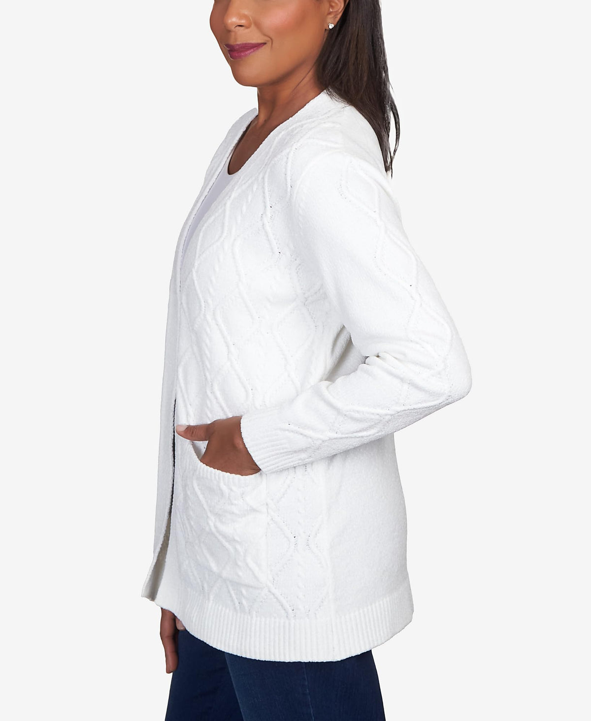 Alfred Dunner Women's Petite Chenille Long Open Cardigan Size PS Ivory