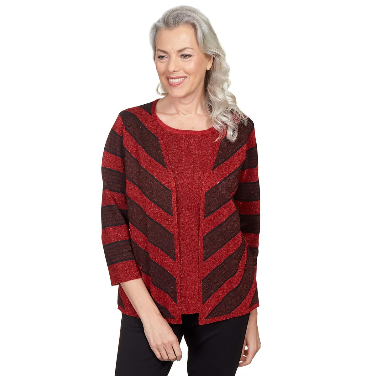 Alfred Dunner Classics Chevron Strip Metalic 2 for 1 Sweater (US, Alpha, Small, Regular, Petite, Petite, Crimson) Party