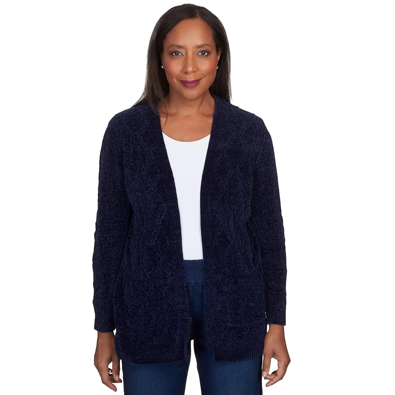 Alfred Dunner Women's Classics Chenille Long Open Cardigan (US, Alpha, Small, Regular, Regular, Navy)