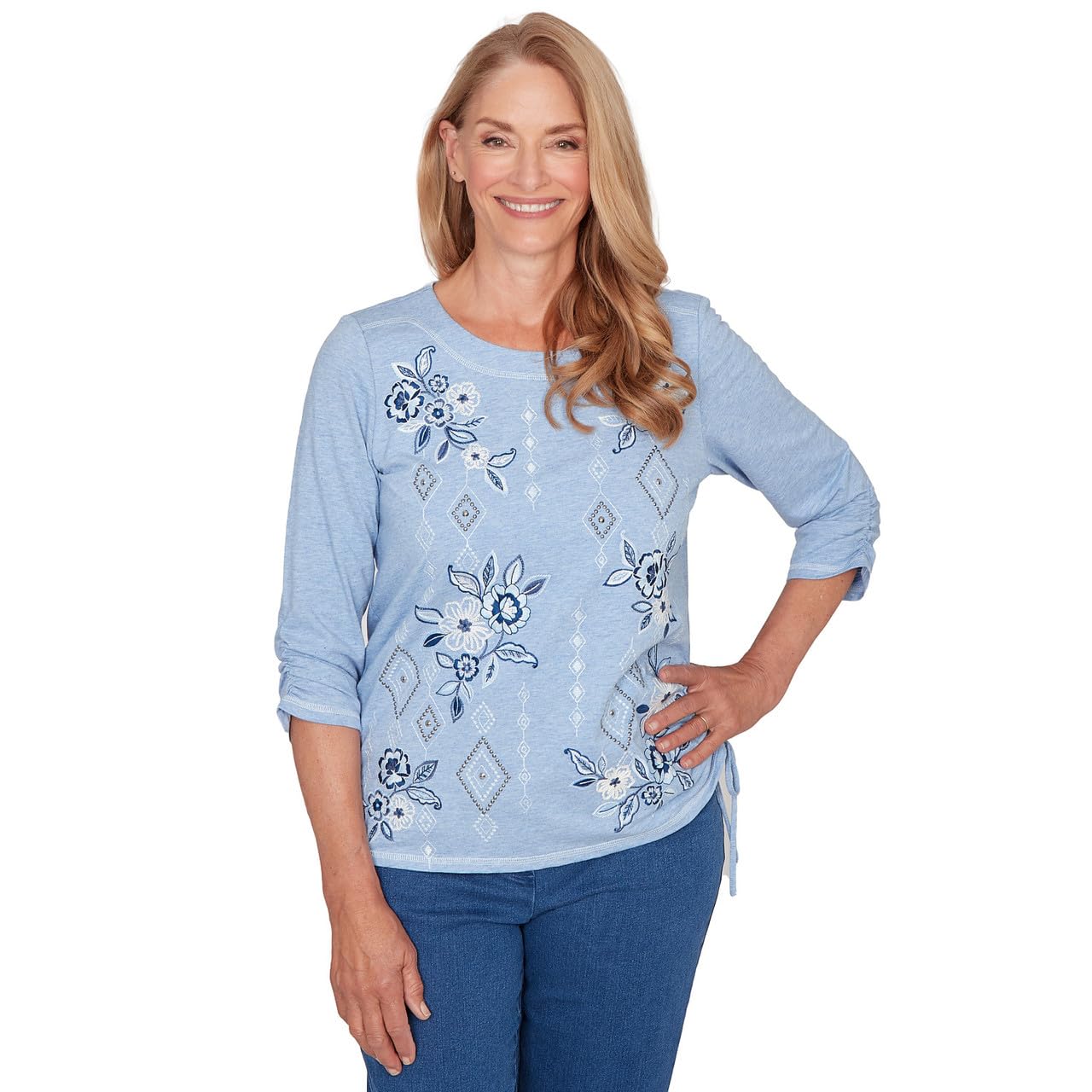 Alfred Dunner Women's Floral Diamond Embroidered Knit Top