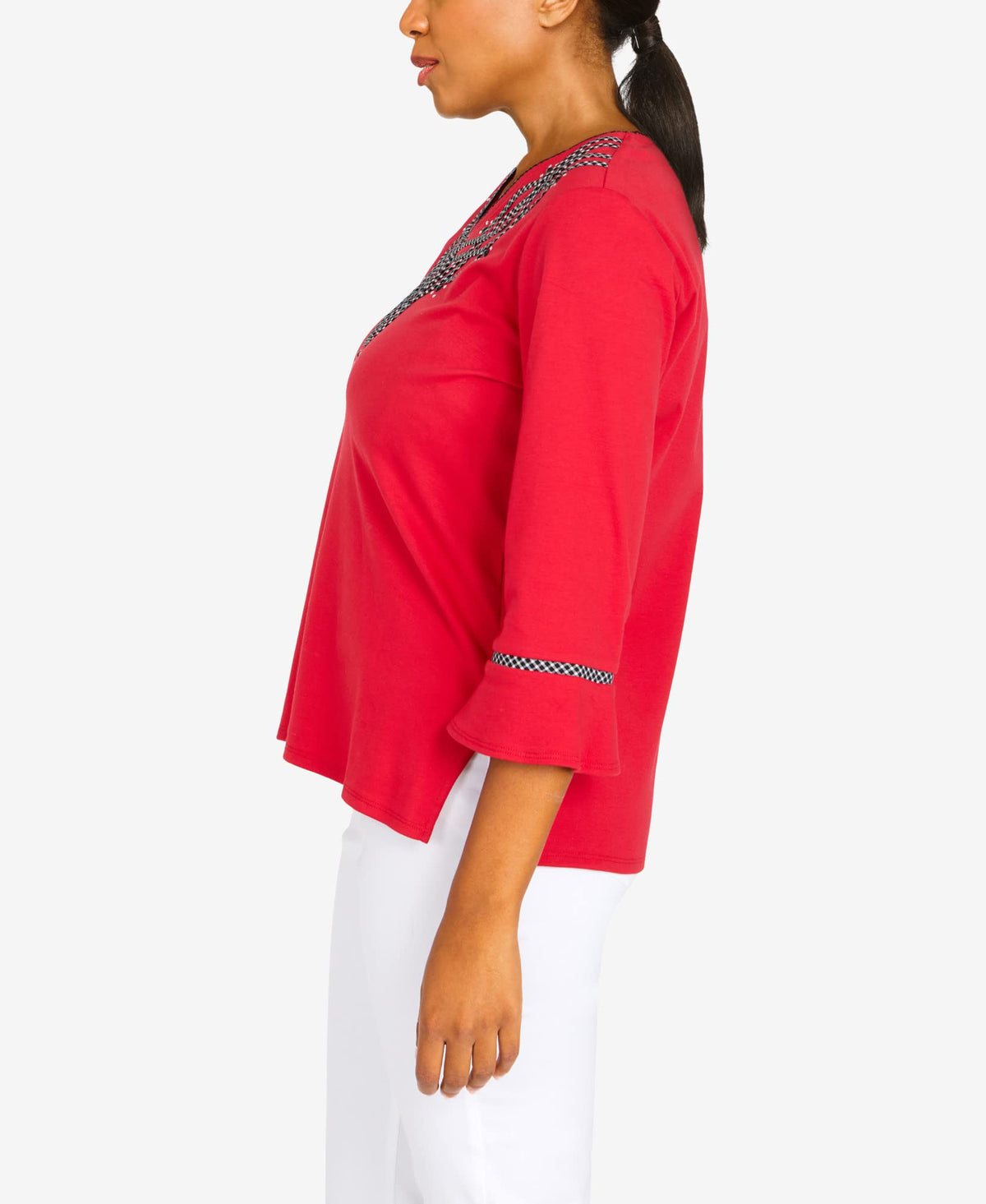Alfred Dunner Women's Petite Embroidered V-Neck 3/4 Sleeve Top Size PM Red