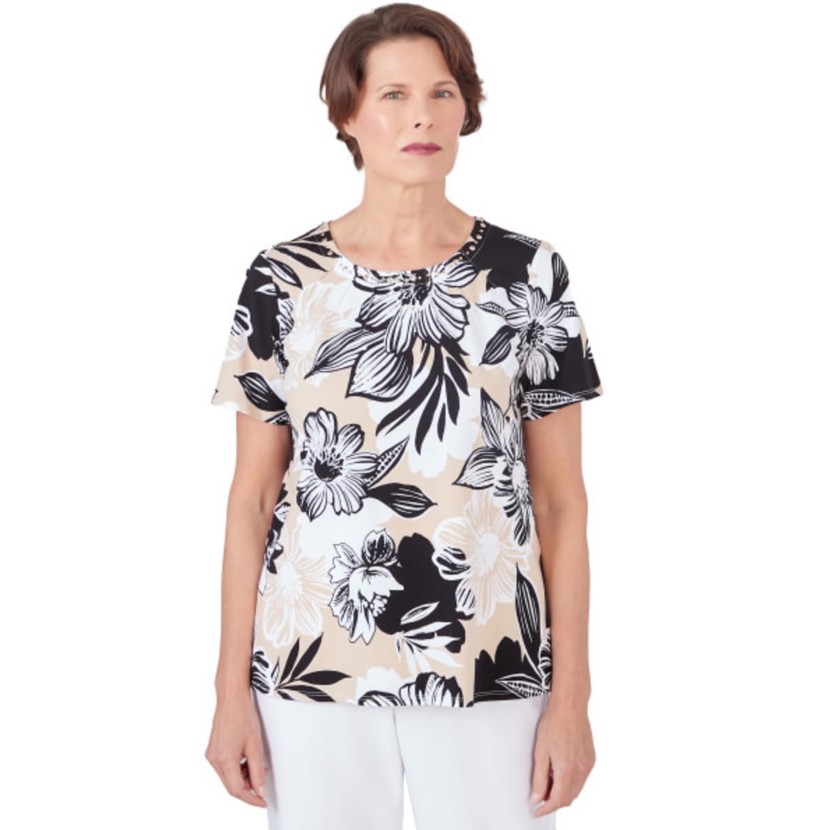 Alfred Dunner Cotton Flroral Short Sleeve Top (US, Alpha, Small, Regular, Regular, Standard, Black/tan)