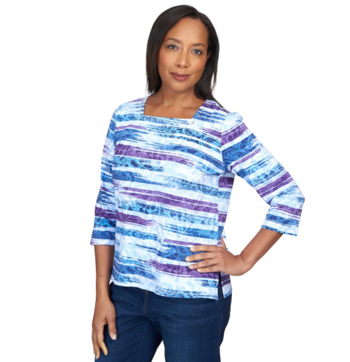 Alfred Dunner Brochad Floral Brushstrock top (US, Alpha, Medium, Regular, Regular, Standard, Blue)