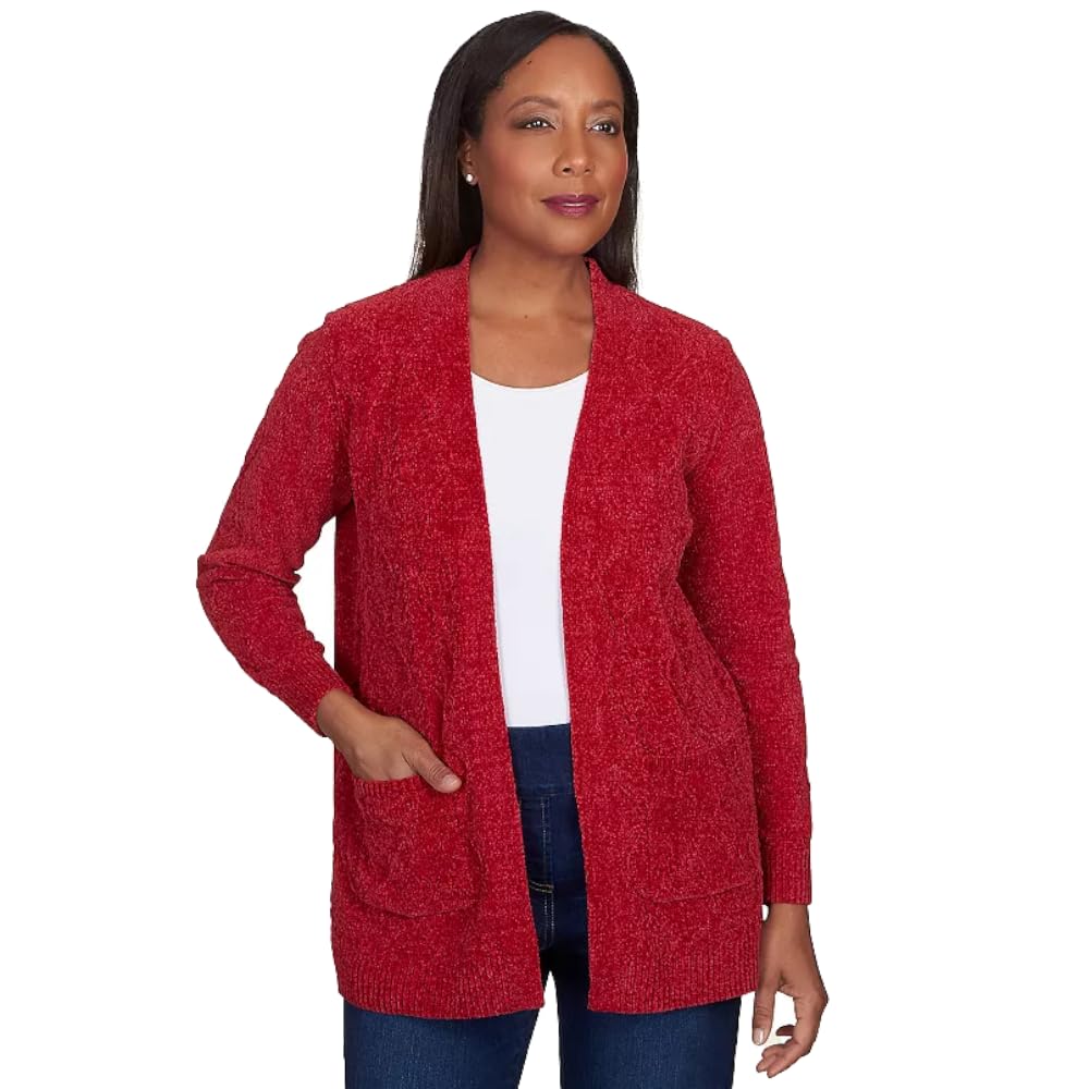 Alfred Dunner Women's Classics Chenille Long Open Cardigan (US, Alpha, Small, Regular, Petite, Crimson)
