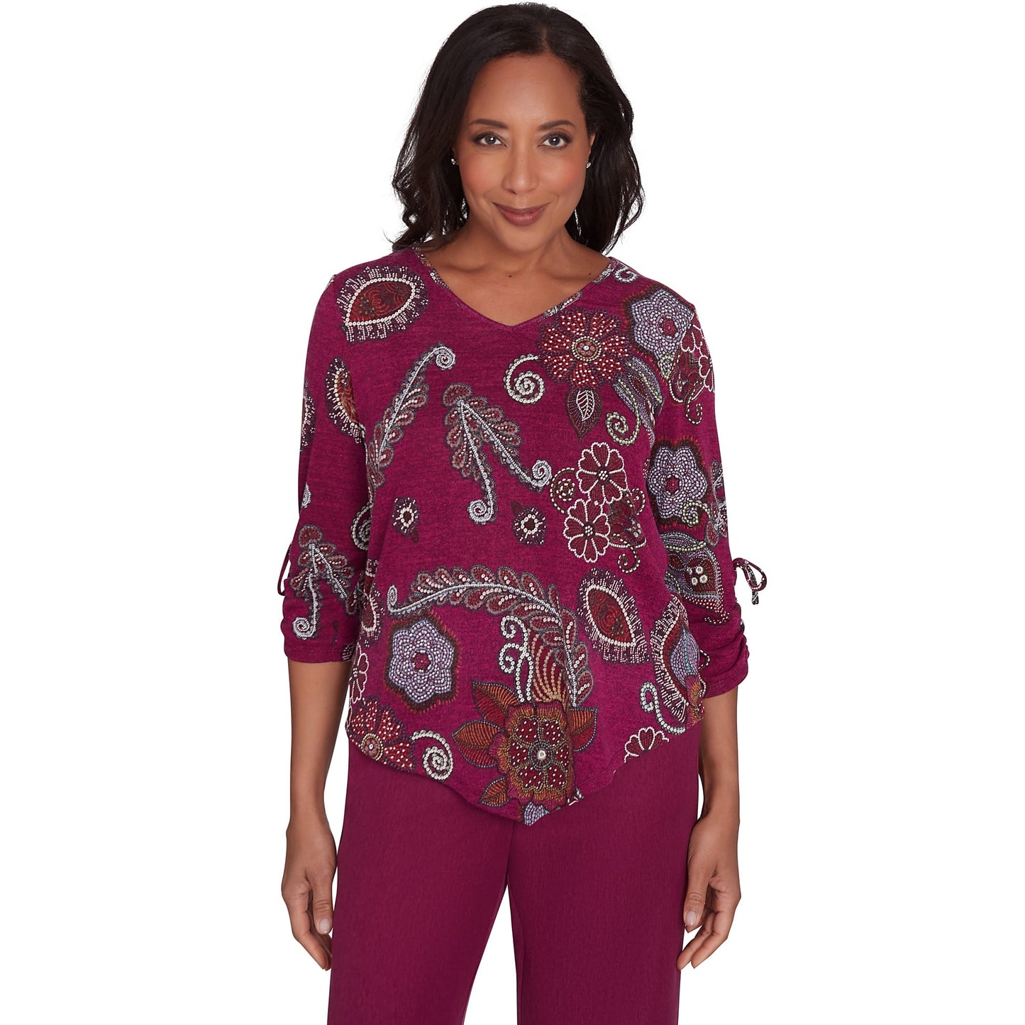 Alfred Dunner Womens Floral Paisley Drawstring Sleeves V-Neck Top