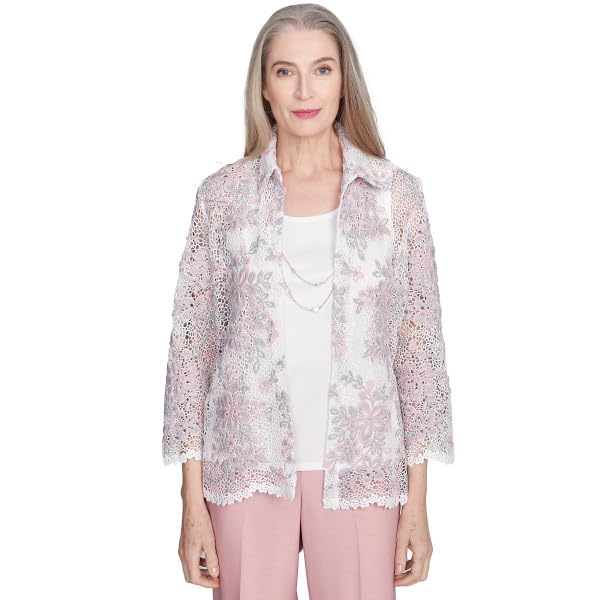Alfred Dunner Women's Estate of Mind Floral Lace Two In One Top With Necklace