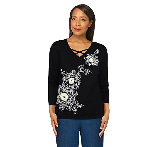 Alfred Dunner Women's Petite Solid Floral Embroidery Strappy V-Neck Sweater Size PL Black