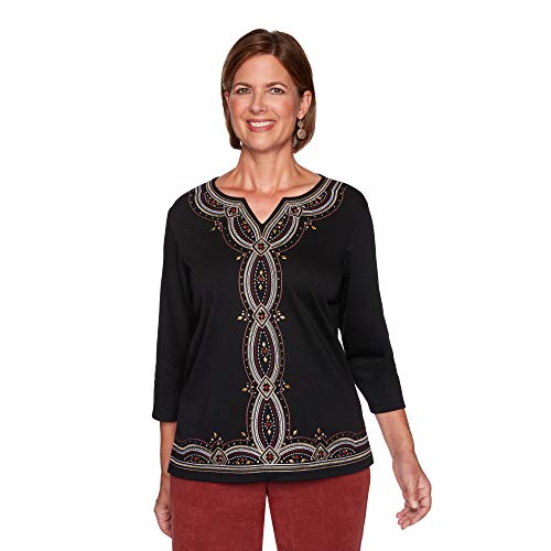 Alfred Dunner Women's Petite Casual Fashion Embroidered Solid Knit Top Size PS Black