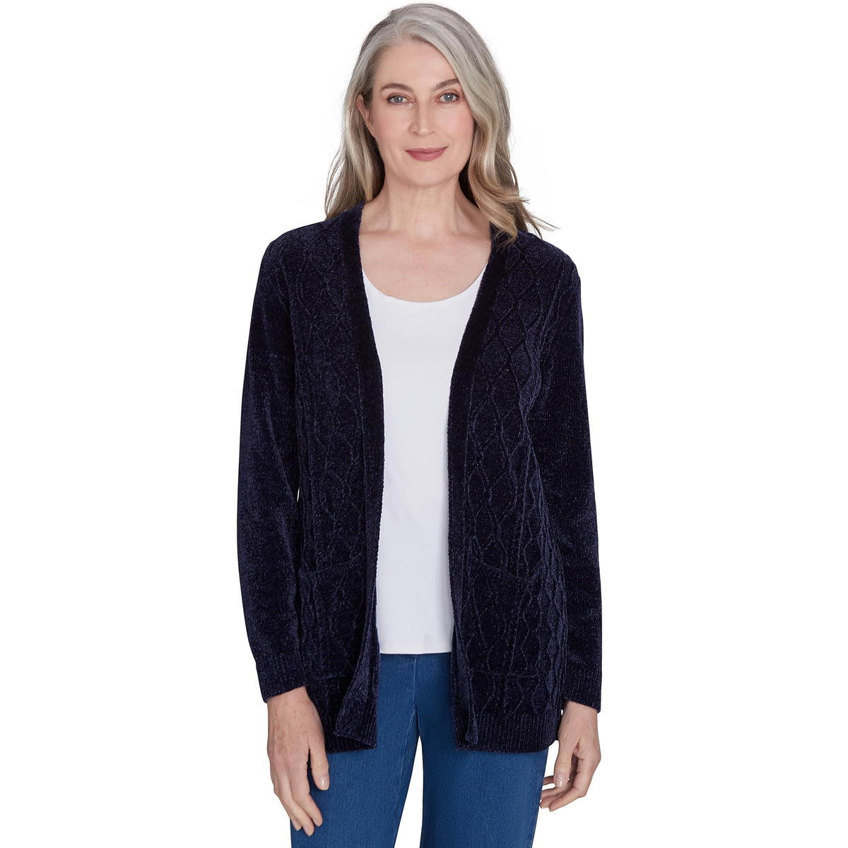 Alfred Dunner Classic Chenille Open Front Cardigan with Pocket Polyester (US, Alpha, Small, Regular, Regular, Standard, Navy)