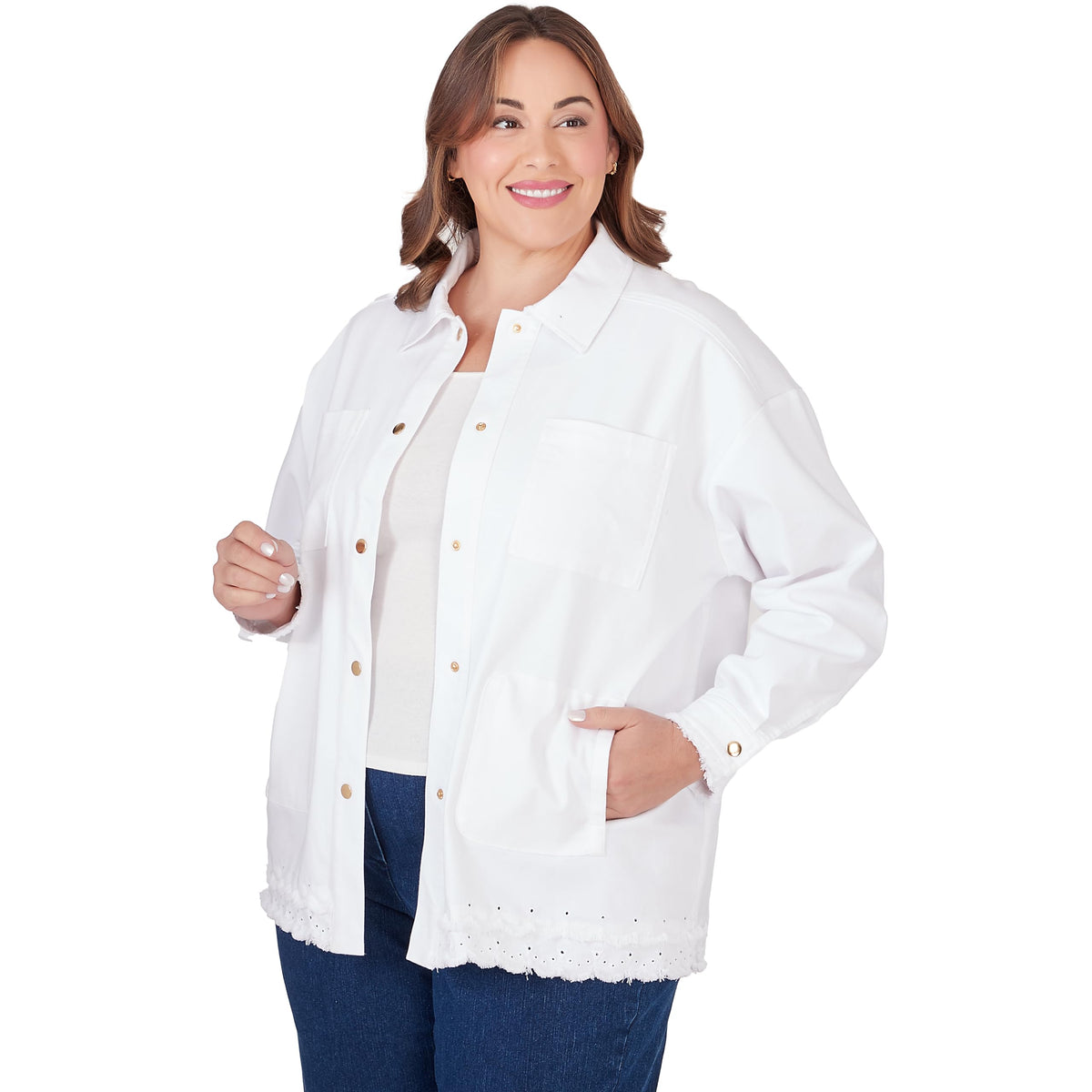 Ruby Rd. White Denim Jacket With Fringe (US, Numeric, 18, Plus, Regular, Plus Size, White)
