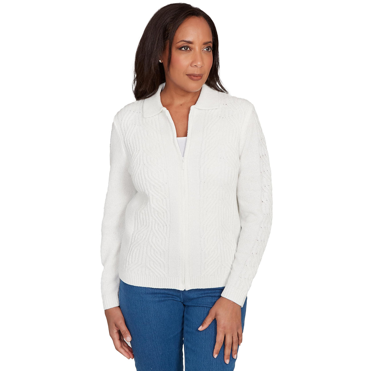 Alfred Dunner Chenille Zip Front Cardigan (US, Alpha, Small, Regular, Regular, Standard, Ivory)