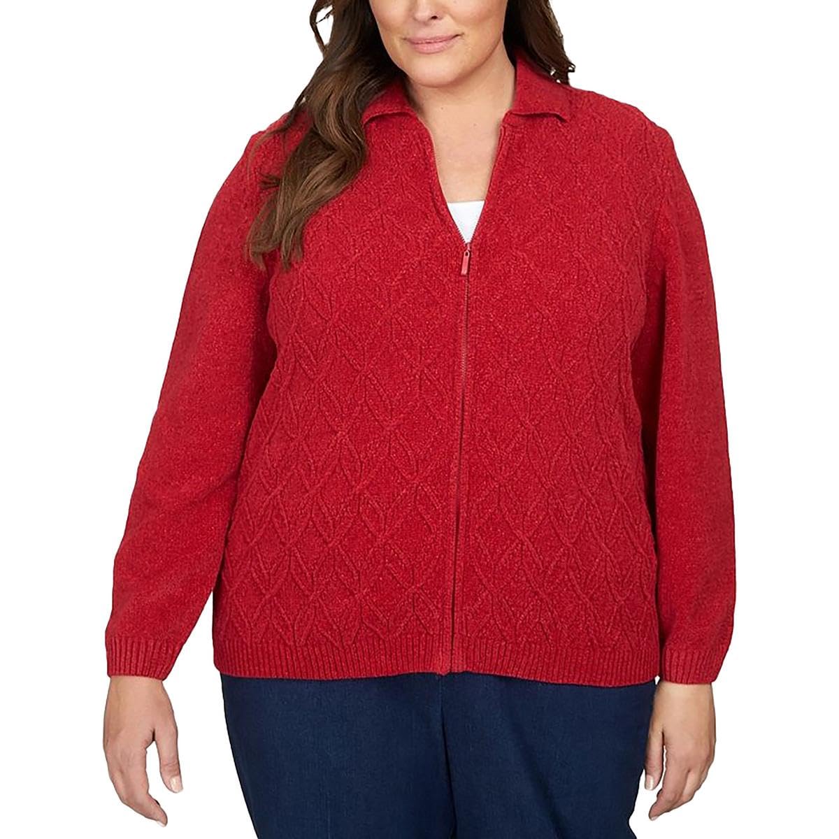 Alfred Dunner Classics Chenille/Lurex Zippered Cardigan (US, Alpha, 2X, Plus, Regular, Red, Red)