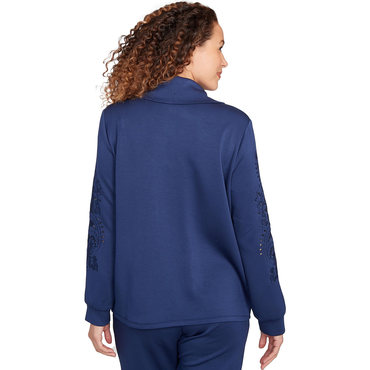 Ruby Rd. Solid Scuba With Embroidery on Sleeve (Standard, Deep blue, Small)