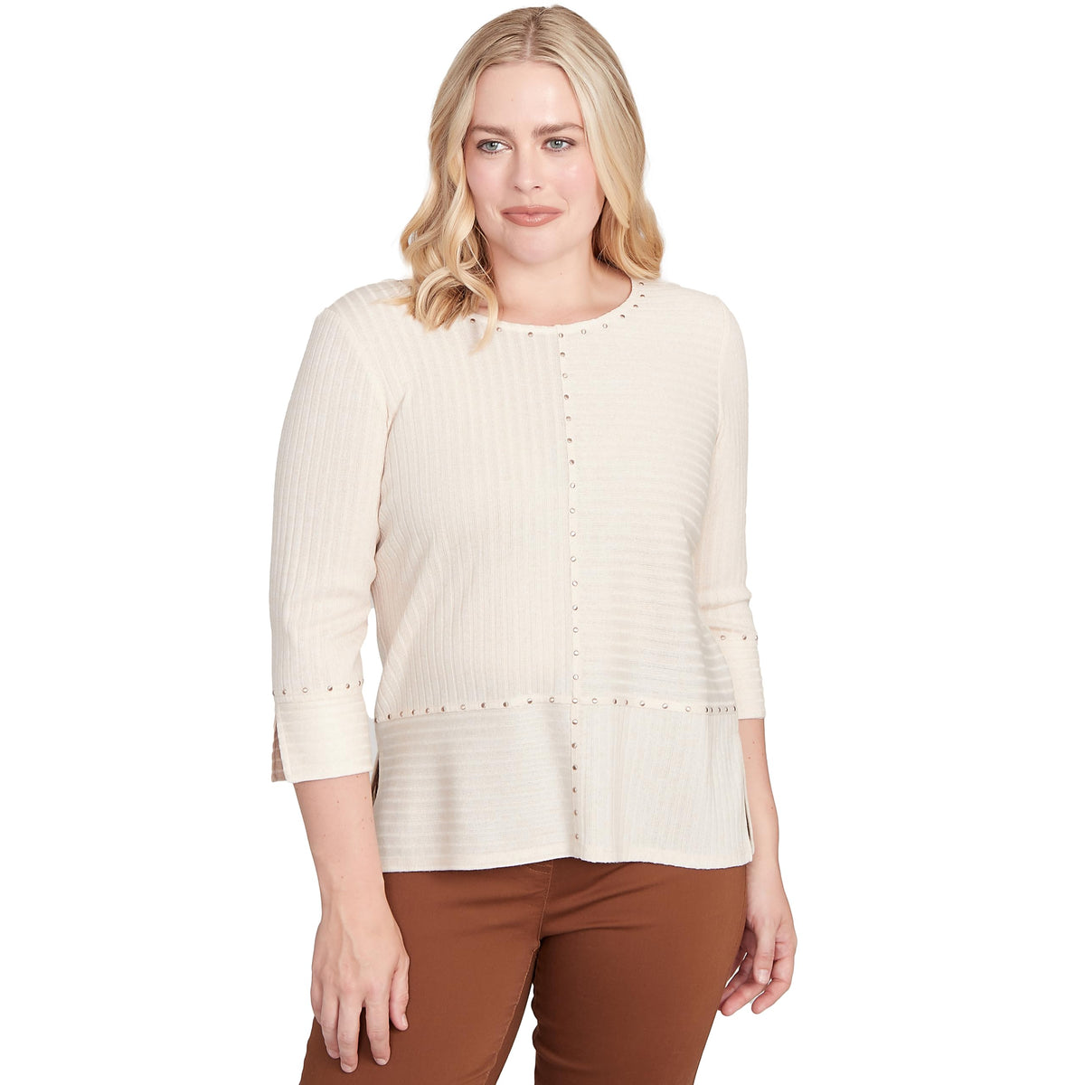 Alfred Dunner Women's Heat Set Embellished Solid Top Size XL Oatmeal