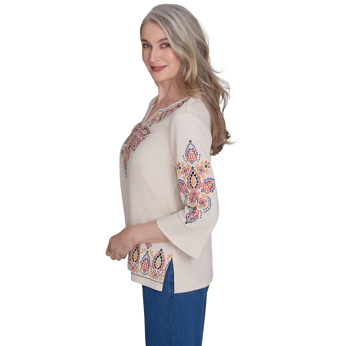 Alfred Dunner Harvest Moon Bohemia's Vibe Cotton/Poly Top (US, Alpha, Small, Regular, Regular, Standard, Oatmeal)