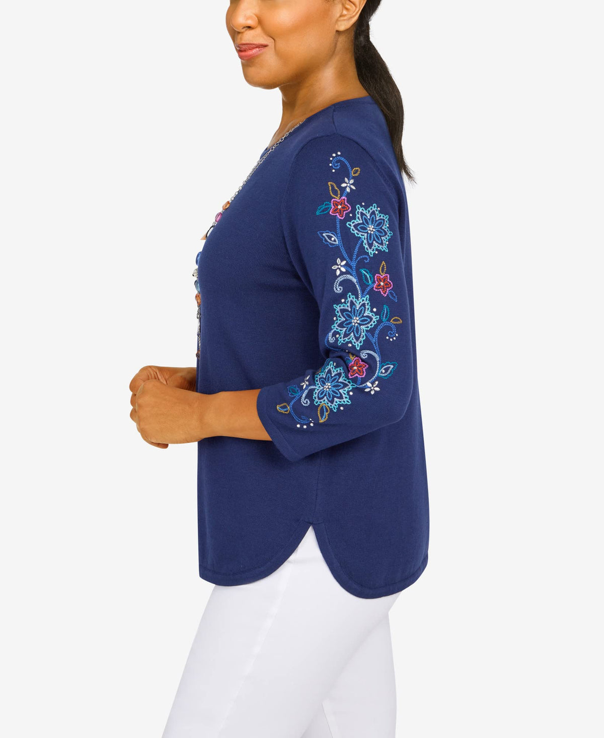 Alfred Dunner Women's Plus-Size Womens Embroidered Sweater with Detachable Necklace Size 2X Navy