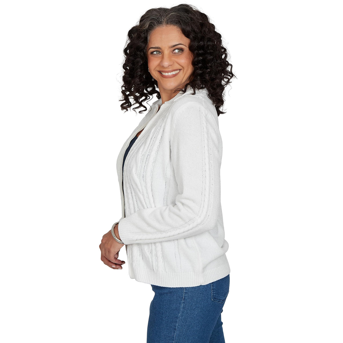 Alfred Dunner Women's Cable Chenille Zip Cardigan Sweater, Ivory, M