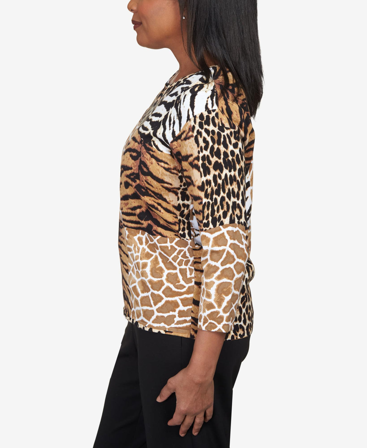 Alfred Dunner Classics Animal Patch Print Cotton Sweater (US, Alpha, Small, Regular, Petite, Petite, Tan)