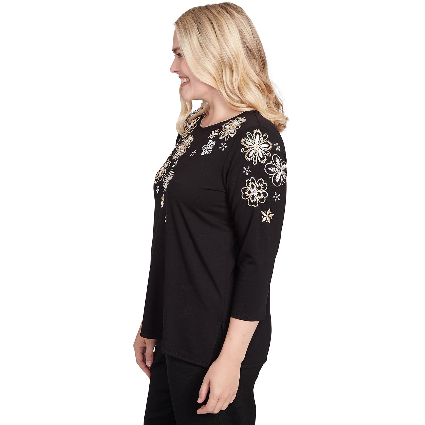 Alfred Dunner Women's Gold Floral Embroidered Three Quarter Sleeve Top Size XL Black