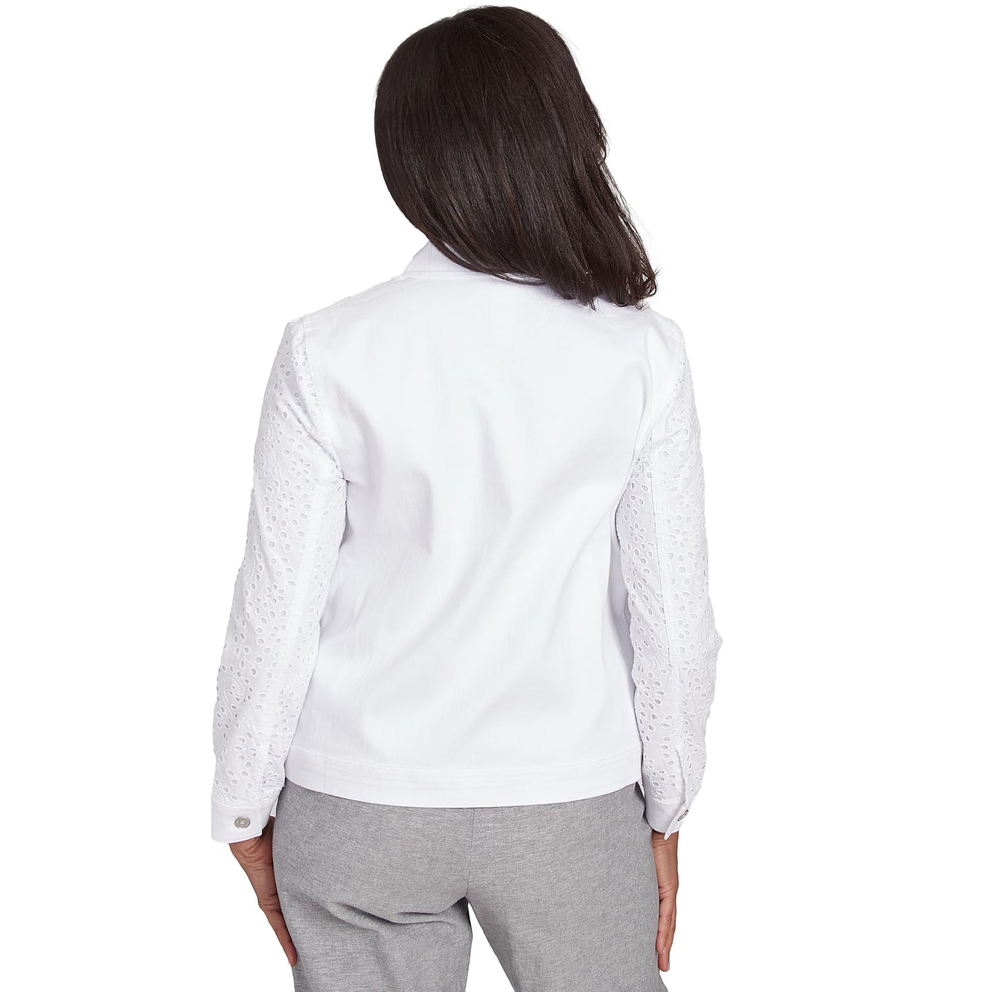 Alfred Dunner Eylet Denim Jacket (US, Alpha, Large, Regular, Petite, Petite, White)