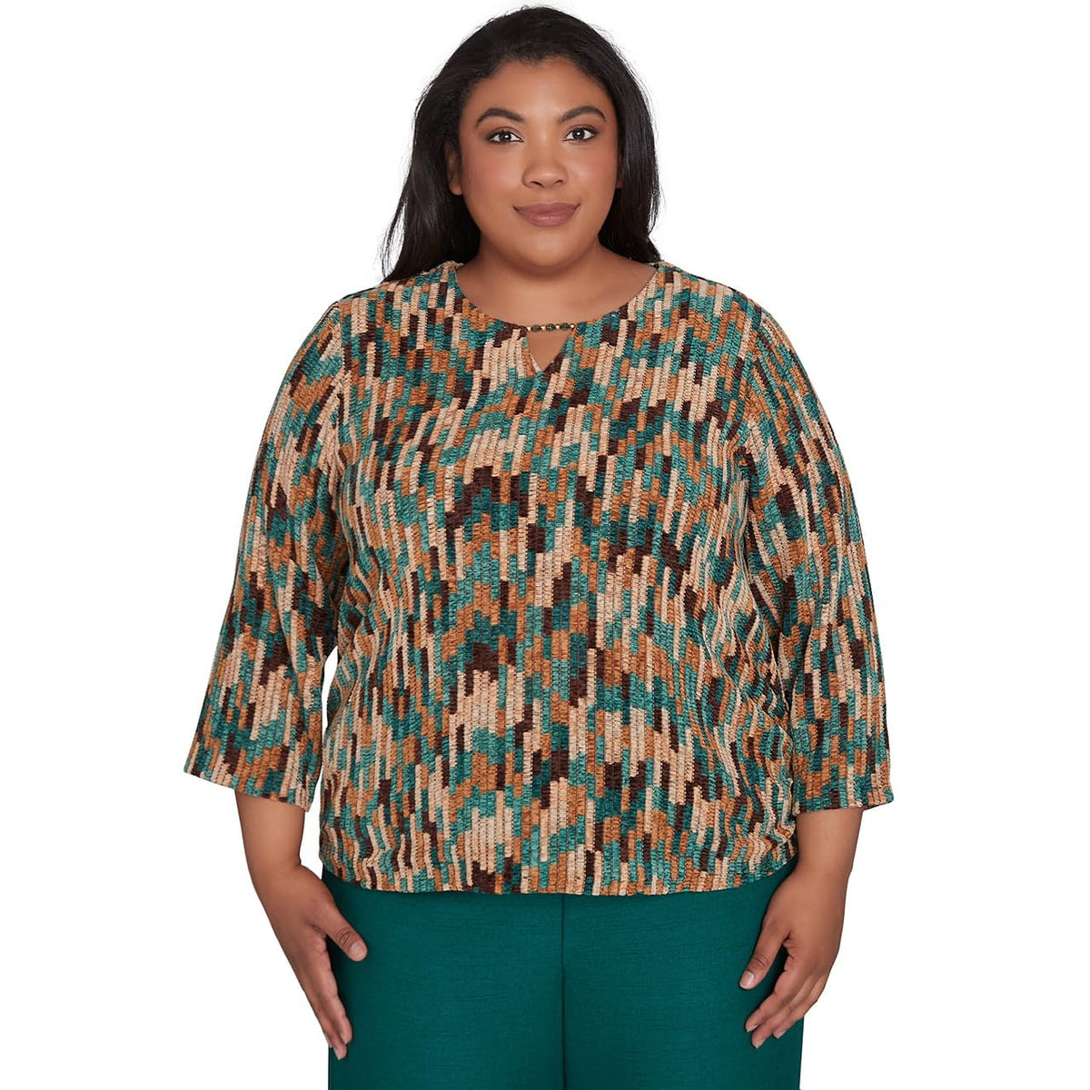 Alfred Dunner Emrald Isle Woven Vertical Chenille Texture Top (US, Alpha, 1X, Plus, Regular, Plus Size, Multi/Green)