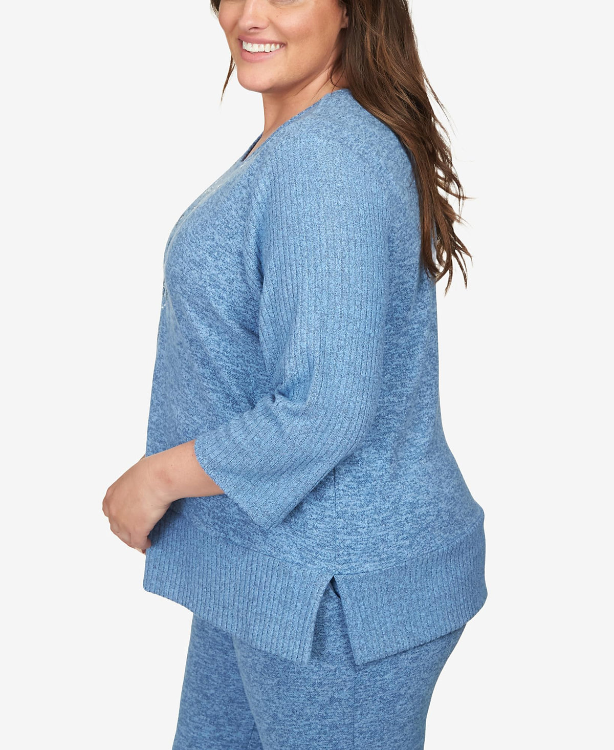 Alfred Dunner Comfort Zone Floral Embroidered with Slit Hem and Ribbed Sleeve (US, Alpha, 3X, Plus, Regular, Plus Size, Wedgewood)