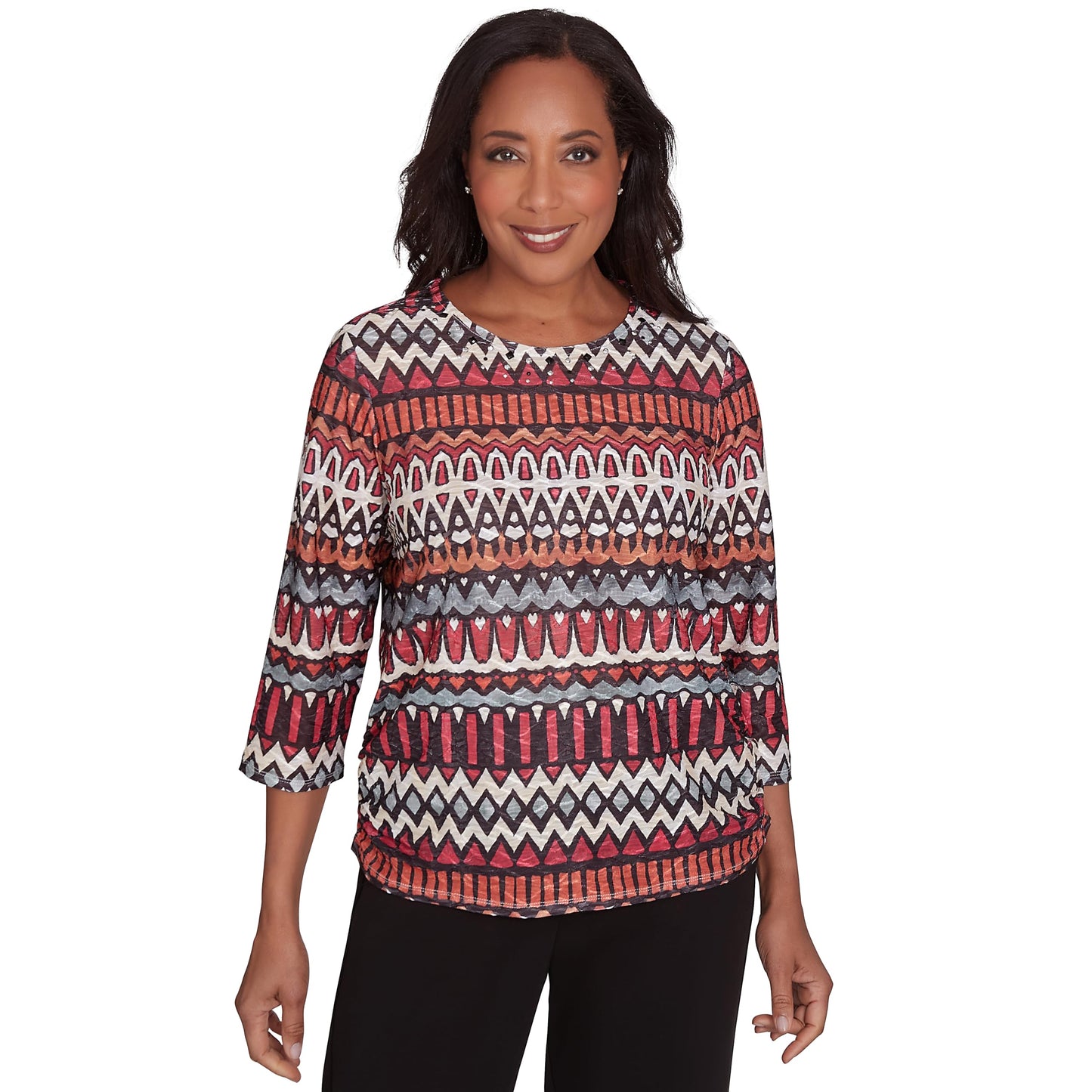 Alfred Dunner Geometric Biadre Polyester Top (US, Alpha, Large, Regular, Regular, Standard, Red/Multi)
