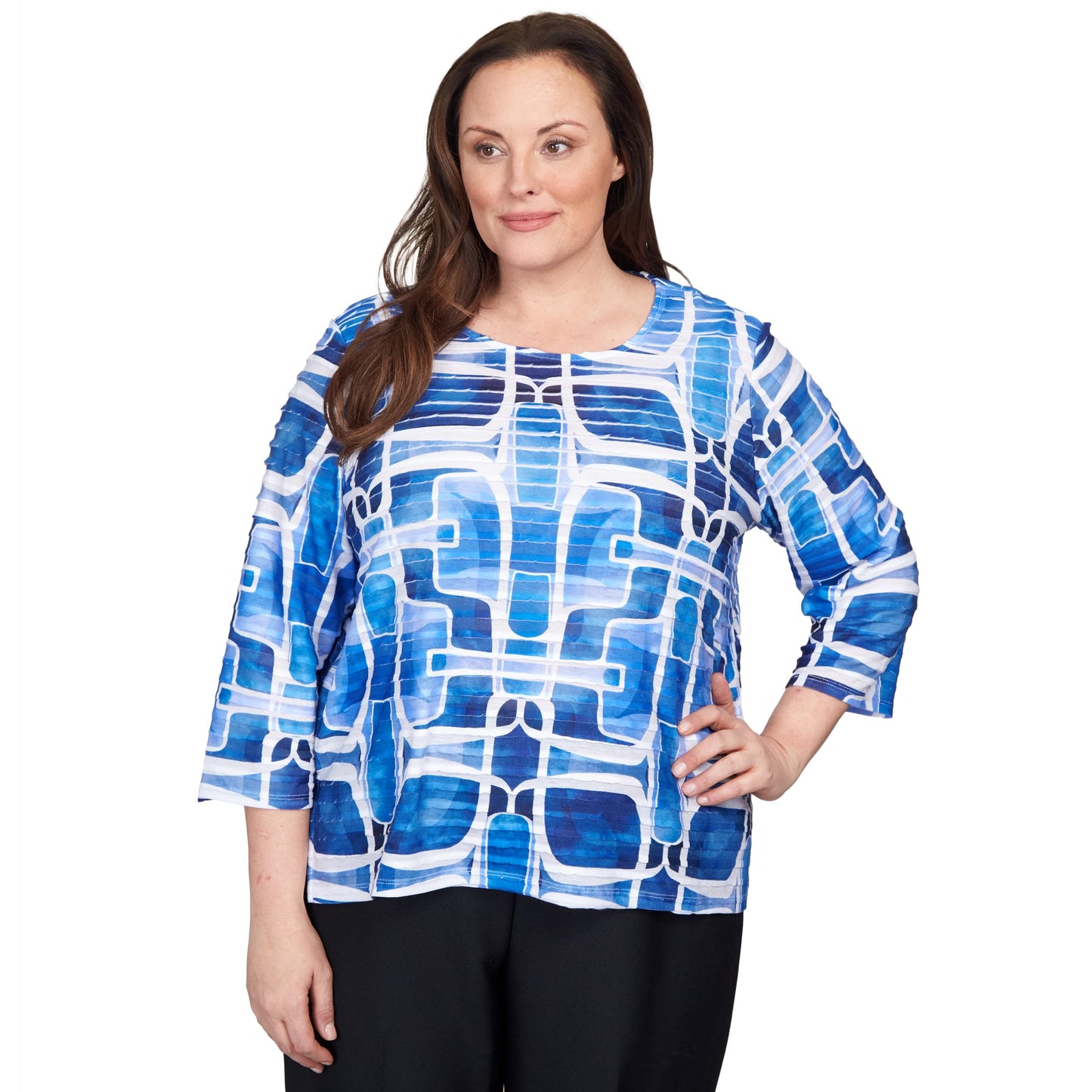Alfred Dunner Geometric Ruffled Polyester Top (US, Alpha, 3X, Plus, Regular, Plus Size, Denim)
