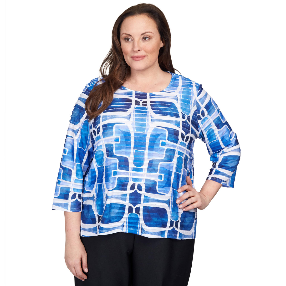 Alfred Dunner Geometric Ruffled Polyester Top (US, Alpha, 3X, Plus, Regular, Plus Size, Denim)