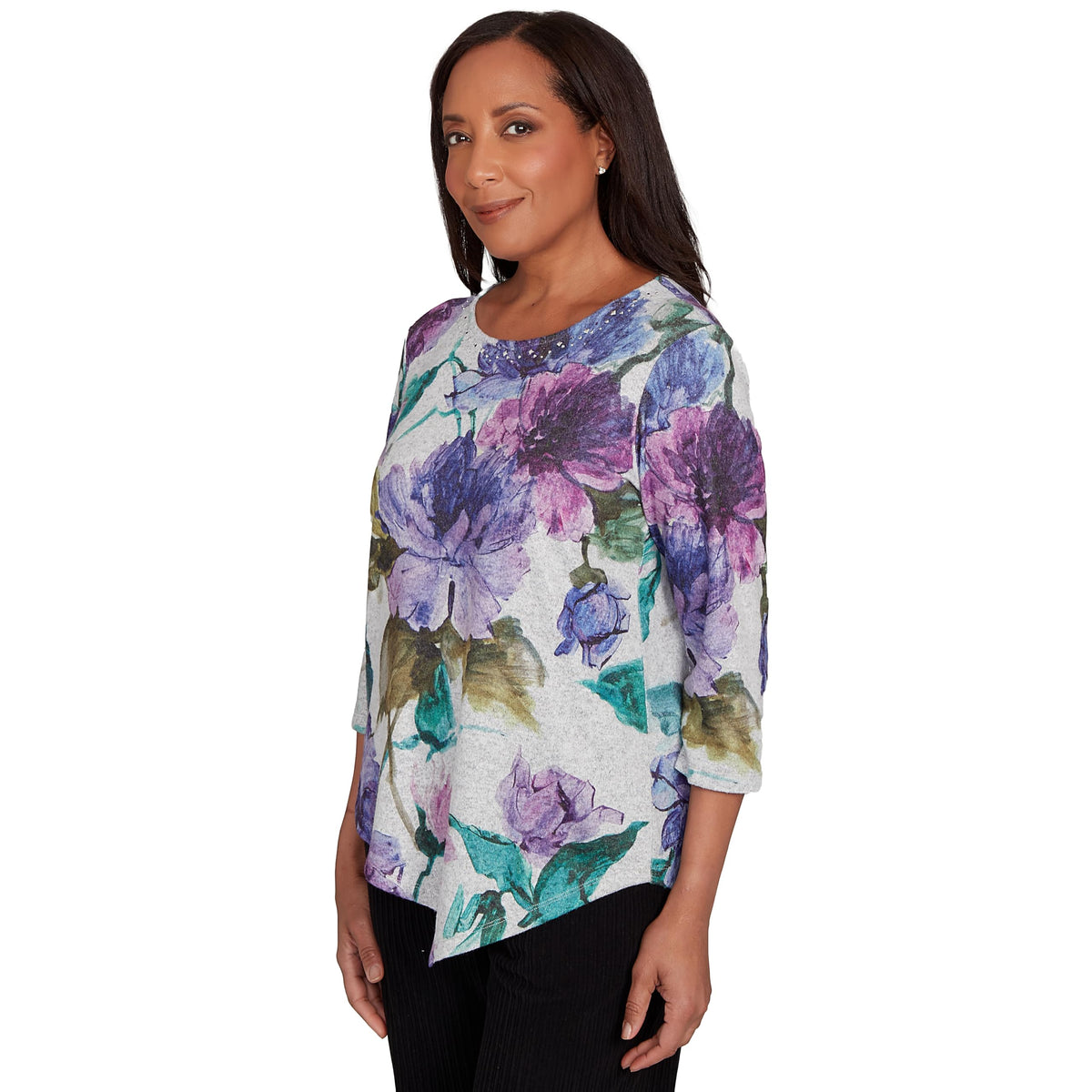 Alfred Dunner Women's Asymmetrical Watercolor Flower Top Size S Purple Multi