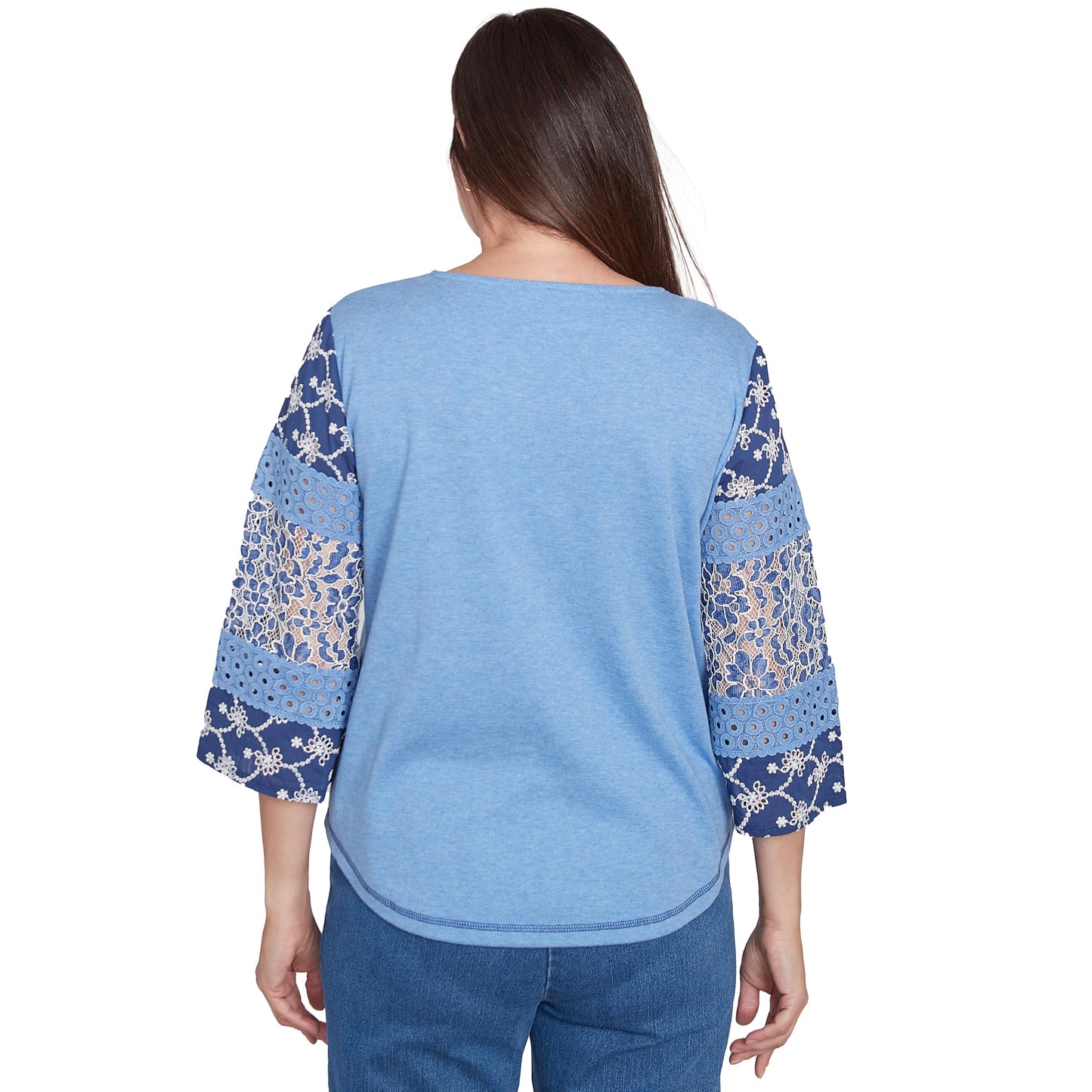 Alfred Dunner Free Spirit Cotton/Poly Top with Patchwork Sleeve (US, Alpha, Medium, Regular, Regular, Standard, Blue)