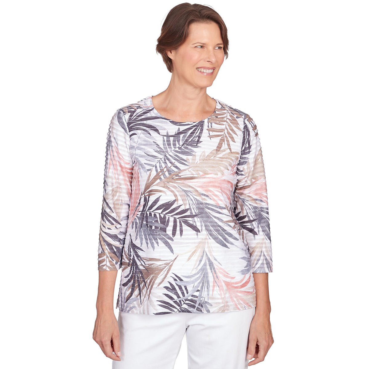 Alfred Dunner Classics Neutrals Polyester Rayon Floral Top (US, Alpha, X-Large, Regular, Petite, Petite, Black/tan)